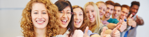 Many teenager in a row holding thumbs up for congratulation